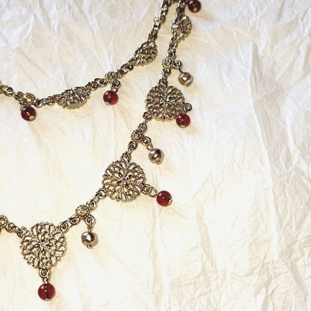 BEN-AMUN FESTOON STYLE LAYERED NECKLACE with FILIGREE DISCS, AMBER BEADS - Picture 4 of 9